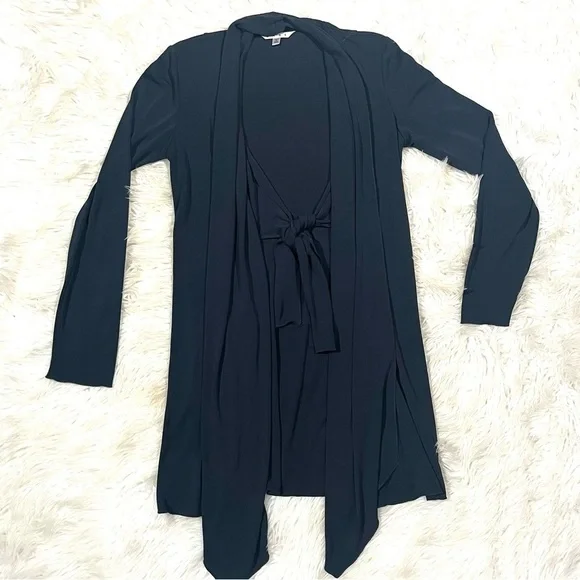 CAbi Waterfall Shawl Neck Tie Front Flowy Cardigan Jacket in Navy Blue - Picture 8 of 13